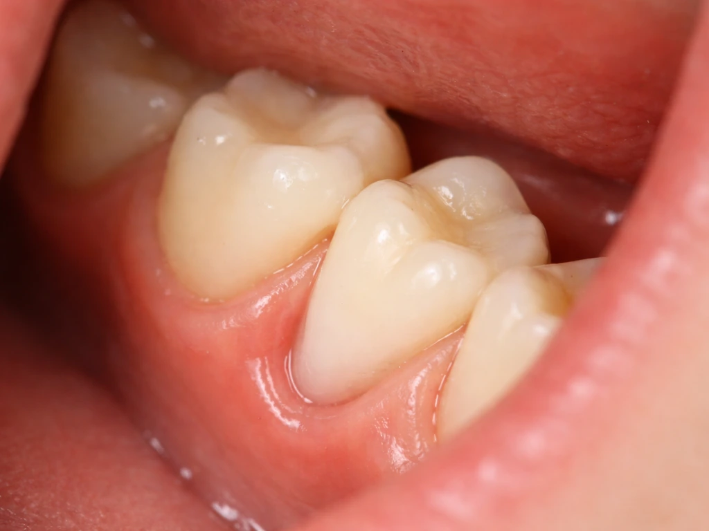 Close-up of a dental arch where one permanent tooth erupts behind another due to crowding.