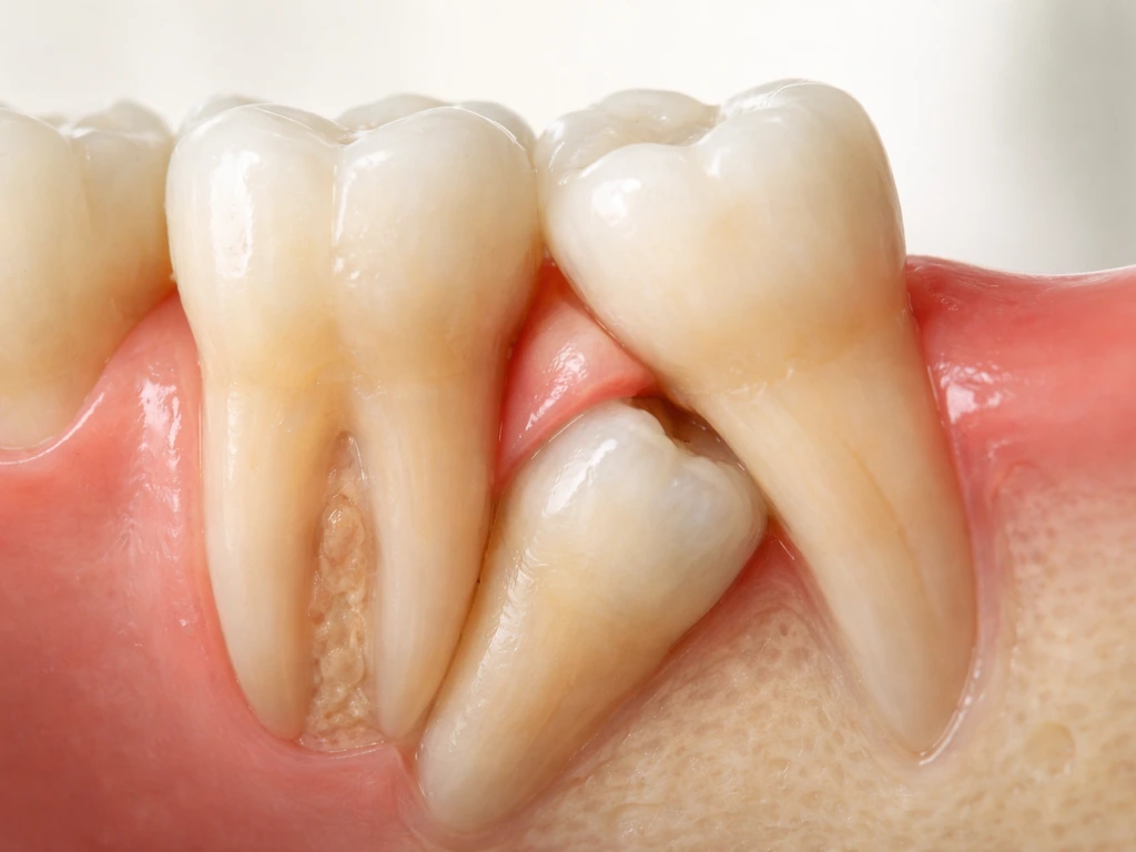Dental cross-section showing an erupting tooth blocked by crowding, pushing it behind a neighboring tooth.