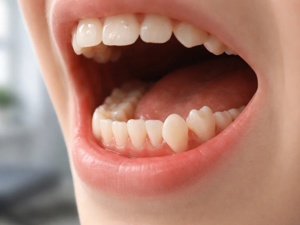 Close-up of an adolescent mouth showing a permanent tooth angled behind another during eruption.