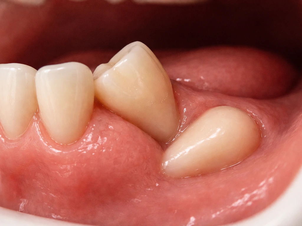 Dental X-ray-like view showing an ectopic tooth erupting wrong and an impacted tooth under gum.