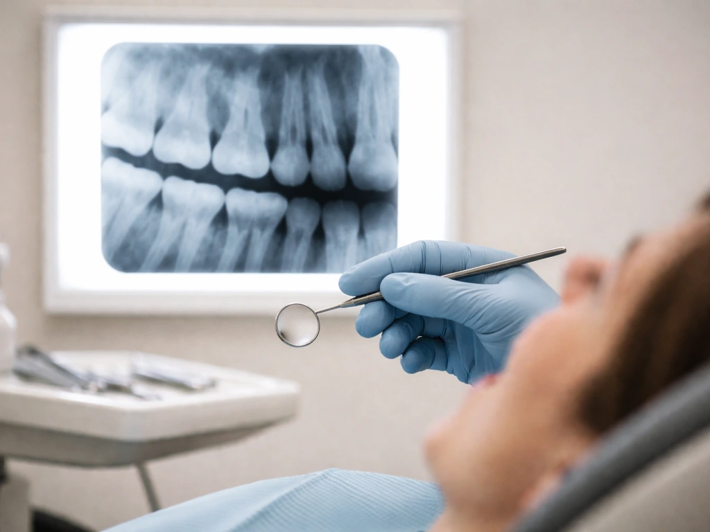 Dental exam scene with intraoral mirror and a lightbox showing an orthodontic-style dental X-ray film.