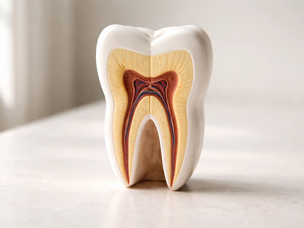 Close-up photo of an anatomical tooth model showing enamel, dentin, and pulp layers without any text