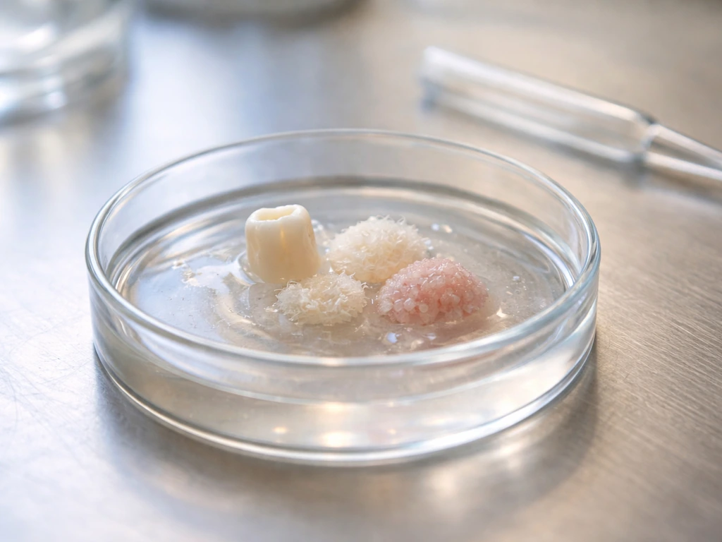 Minimal lab scene with a petri dish of gel showing tooth-like and fibrous tissue-like clumps.