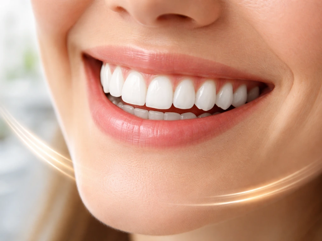 Bright dental close-up of an adult smile with clearly visible permanent teeth in a clean, clinical setting.