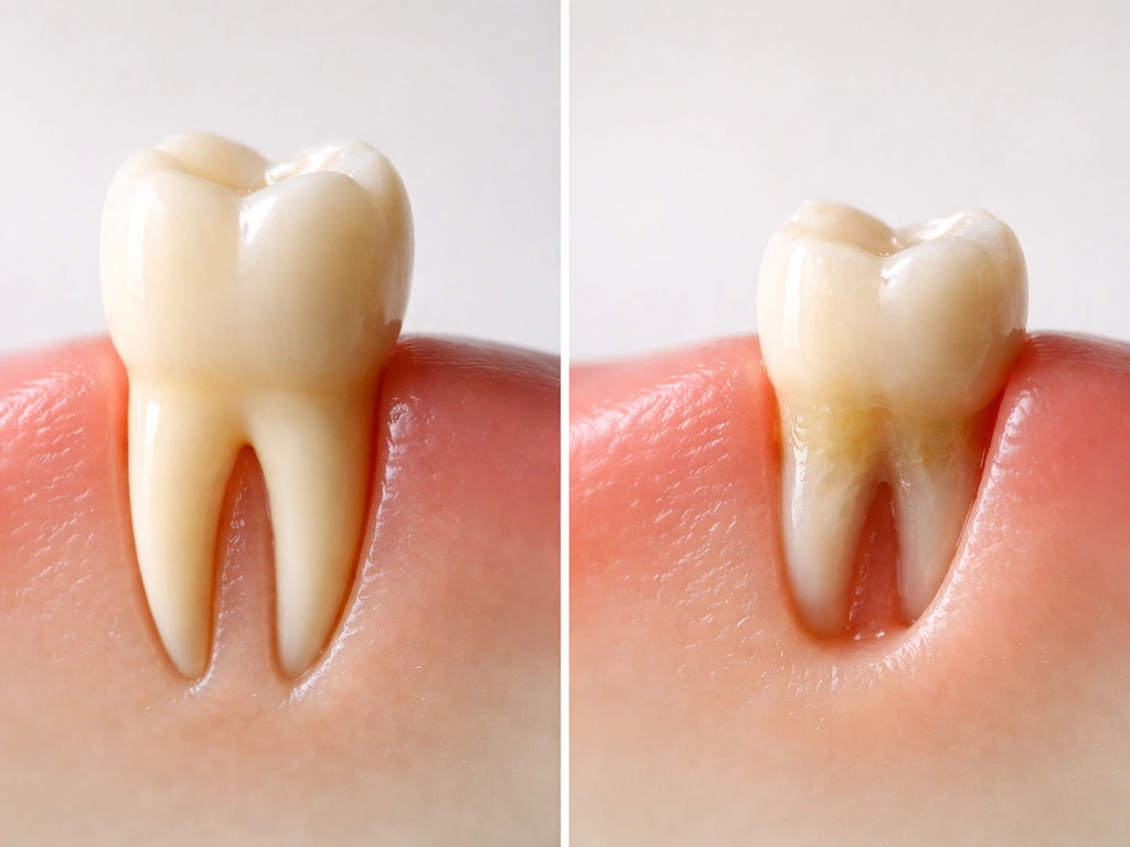 Two dental cross-section style views: one fully erupted permanent tooth with complete root, one unerupted with forming r