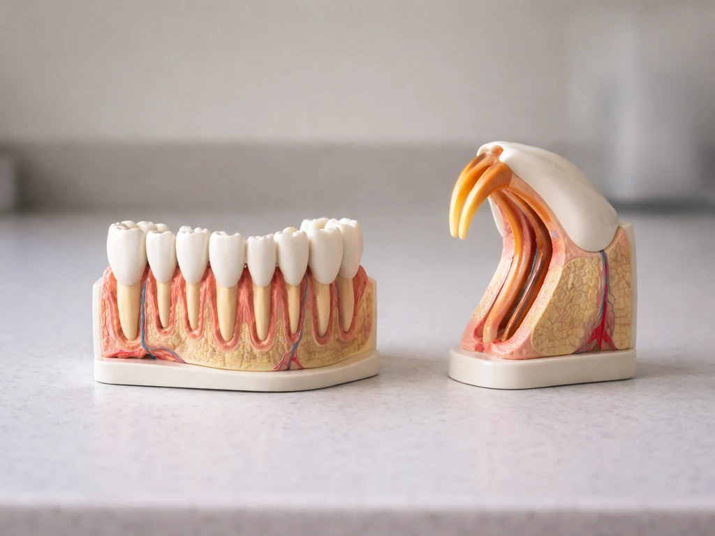 Minimal dental models showing human permanent teeth beside long rodent incisors.