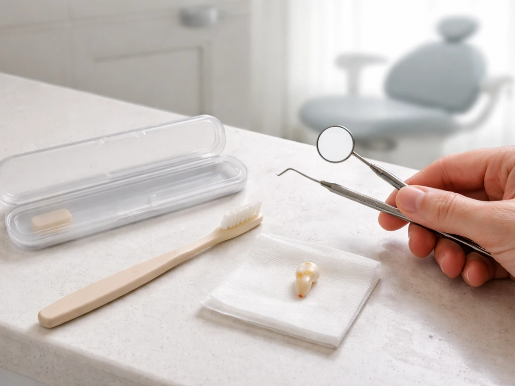 Hand holding dental tools beside toothbrush and a small tooth model on gauze, suggesting when to seek care.