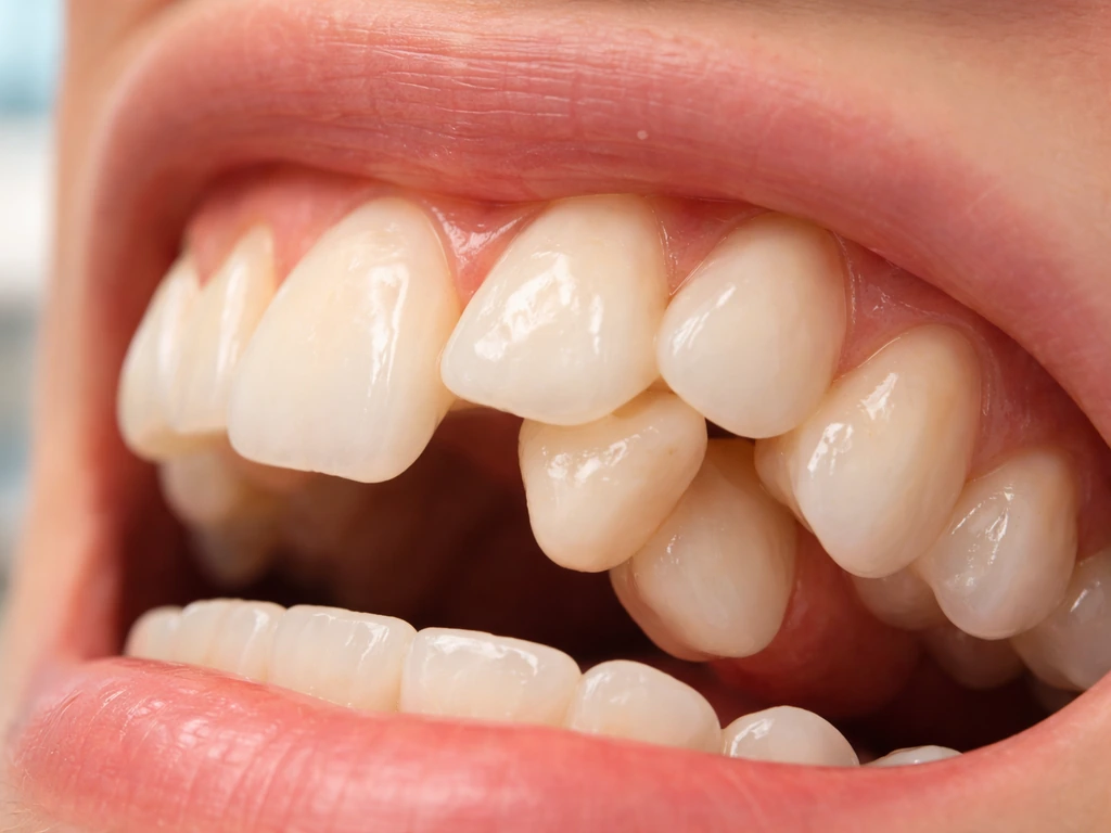Close-up of upper front teeth with an overlapping tooth erupting behind another in a dental setting.