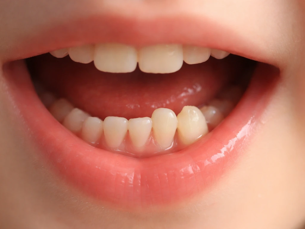 Close-up of a child’s mouth showing two teeth in a double-row “shark teeth” eruption look.