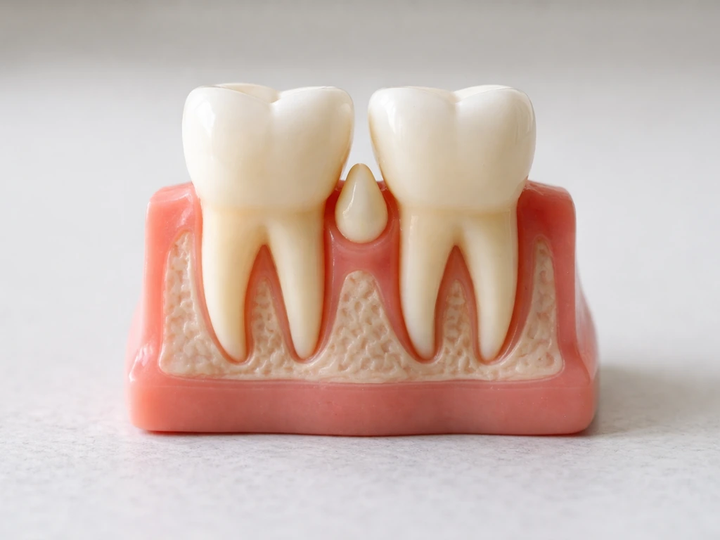 Macro view of a dental model showing an extra tooth bud between two front teeth like a mesiodens.
