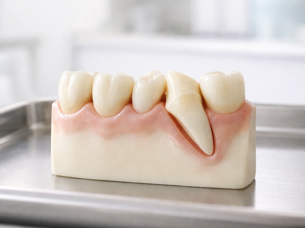 Dental model showing a single tooth partially erupting at an awkward angle from impacted gum tissue.
