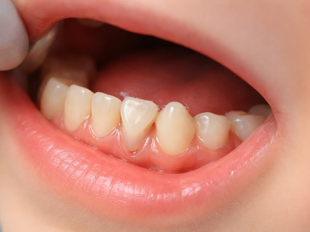 Close-up of a child’s lower front teeth showing slight overlapping from an erupting permanent tooth.