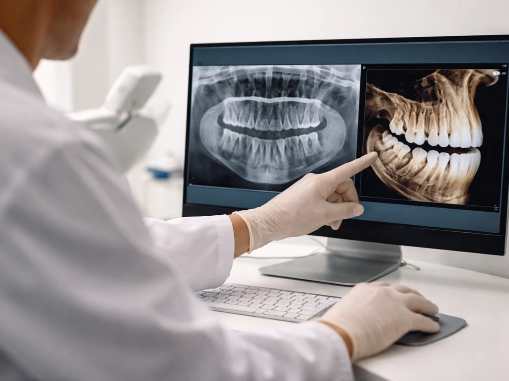 Dentist in a quiet clinic reviewing panoramic and cone-beam dental X-rays on a computer monitor.