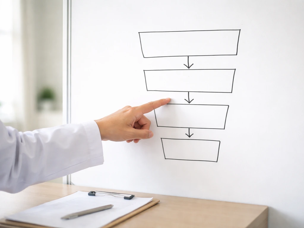 Minimal office scene with a clinician’s hand pointing at a simple wall funnel map: lead to inquiry to appointment to tre