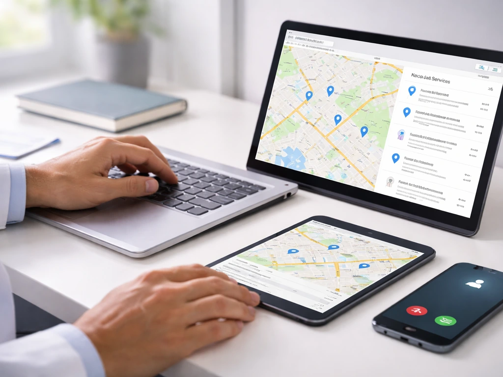 Hand reviews nearby services online on tablet while phone shows an incoming call in a quiet office.
