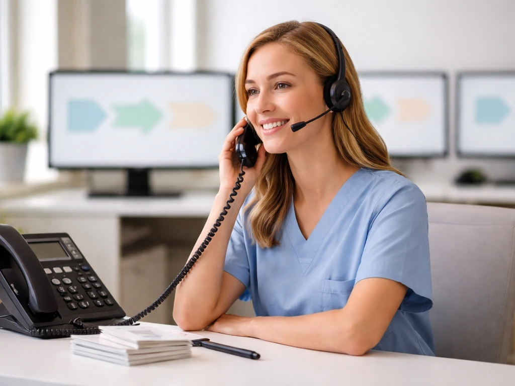 Dental office receptionist answering calls in a quiet phone call-center setup with a blurred appointment workflow graphi