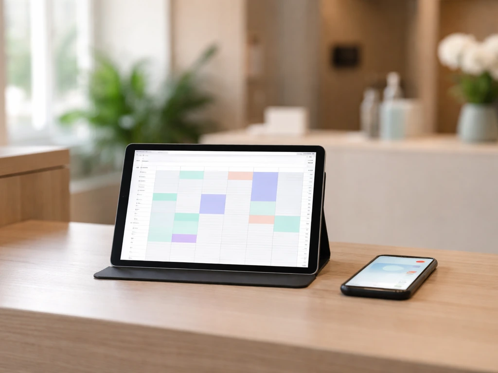 Tablet and phone on a dental reception desk showing a generic recall reminder schedule interface.