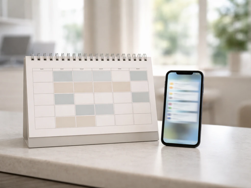 Dental clinic desk with a phone reminder and appointment calendar showing fewer empty slots.