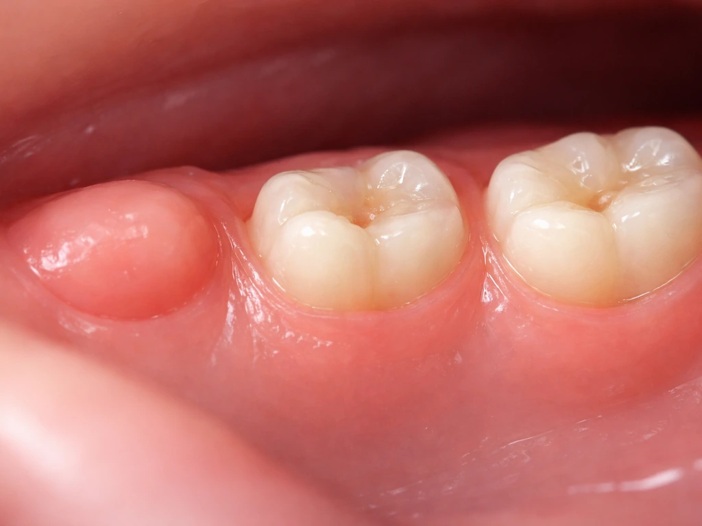 Close-up of a pediatric molar erupting through the gum with stages from covered to emerging