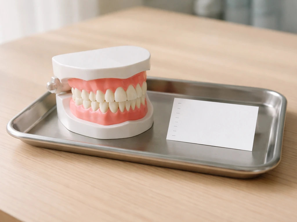 Close-up of a dentist’s dental model on a tray with a simple age-marker card beside it