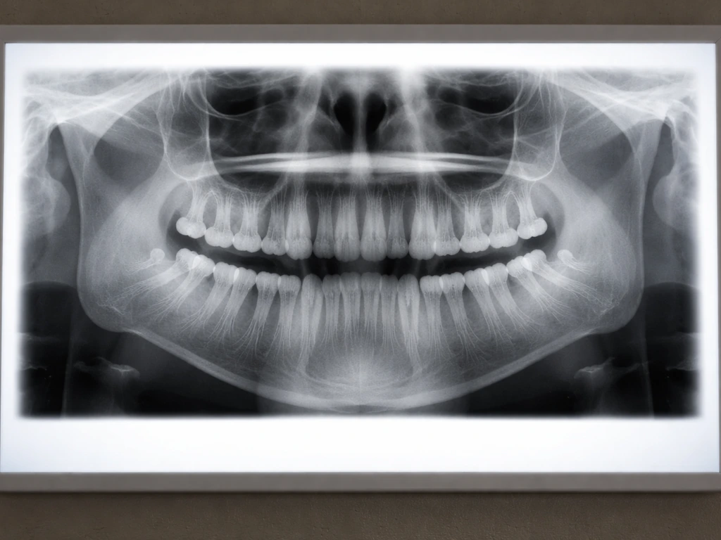 Panoramic dental X-ray on a lightbox showing wisdom teeth behind molars with highlighted contrast.