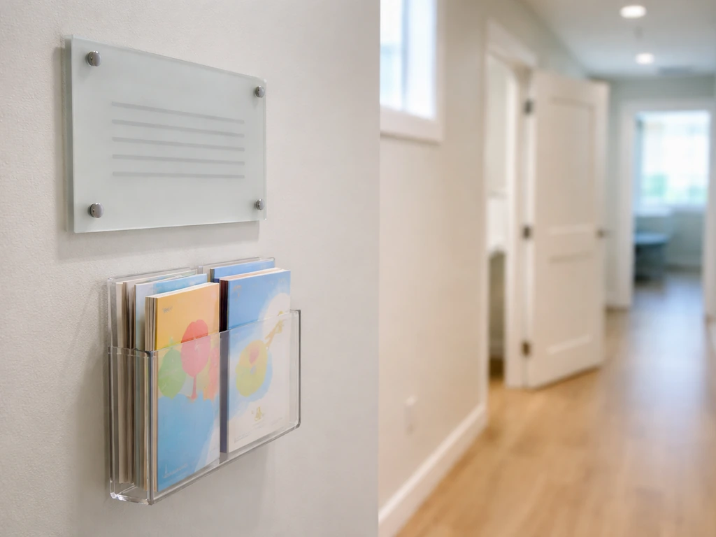 Pediatric dental clinic wall sign with a clean, guideline-like brochure holder in view.