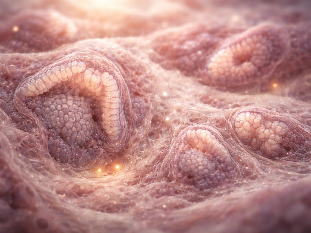 Microscope-like view of tumor tissue clusters and layered structures resembling early tooth development.