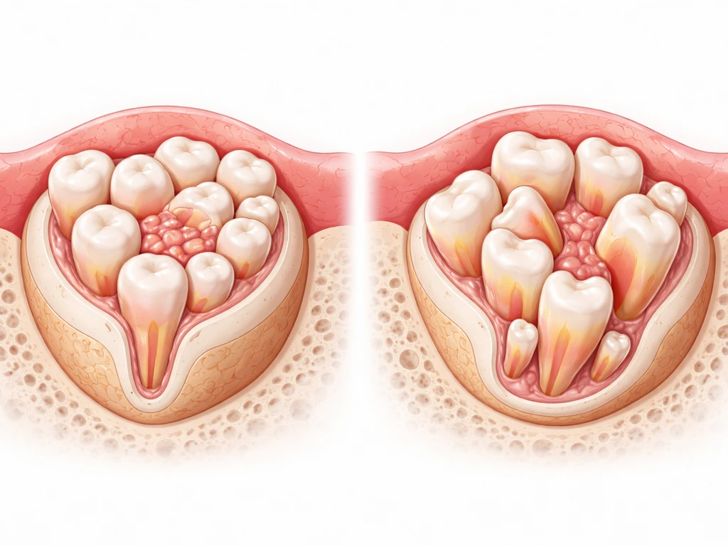Two side-by-side realistic dental cross-sections showing tooth-like tissues and different tumor organization.