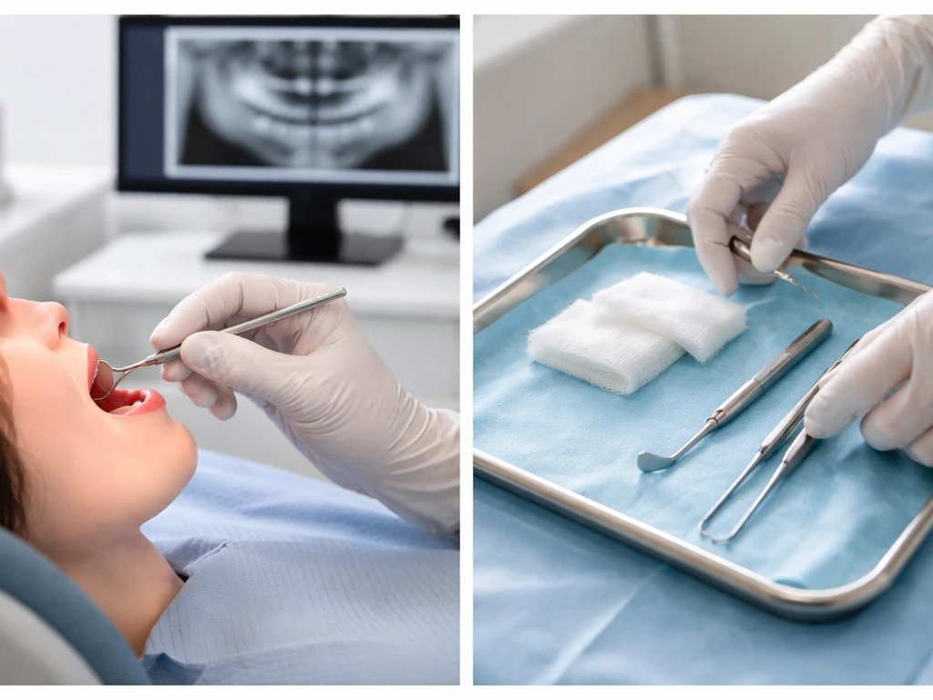 Gloved hands during dental exam with blurred CT on monitor and sterile surgical tools on tray.
