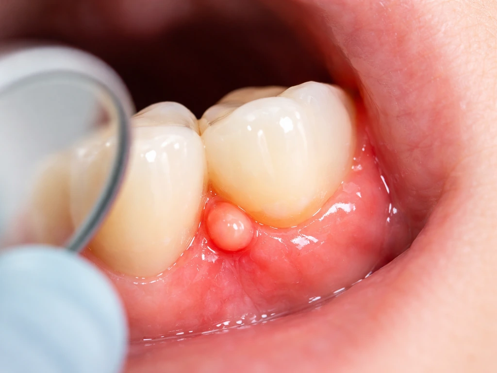 Close-up of a swollen, inflamed gum near a tooth, suggesting a developing dental abscess urgency.