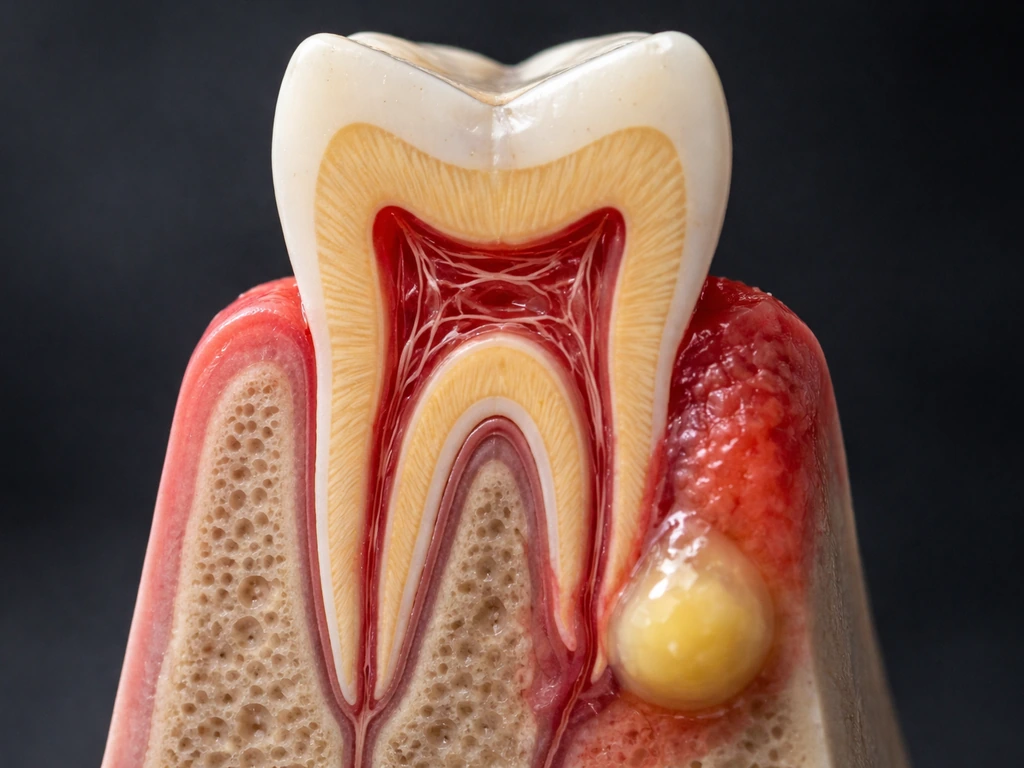 Macro cross-section of a tooth root with a periapical abscess pocket of pus and inflamed surrounding tissue.
