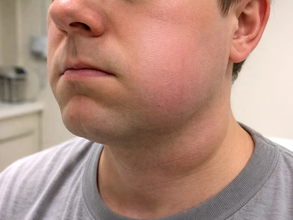 Close-up of an anonymous patient’s swollen jaw and neck area suggesting a dental infection spreading.