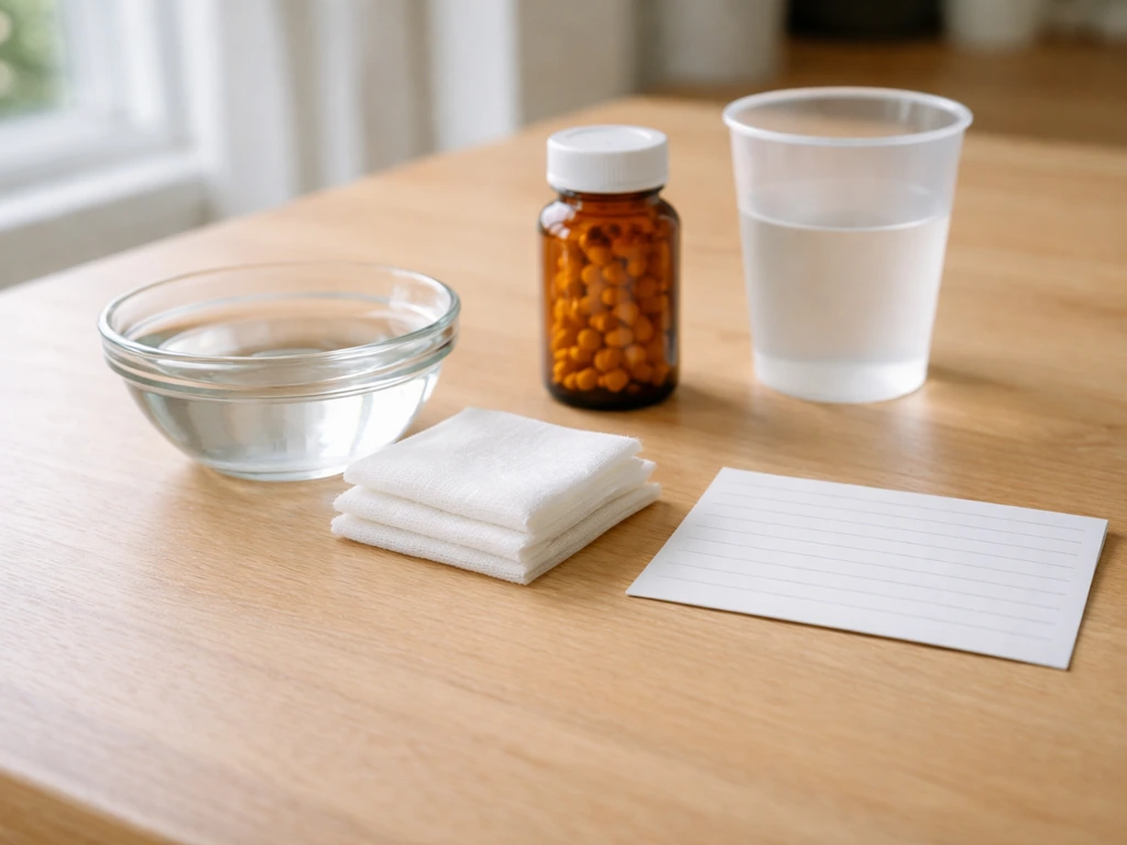 Kitchen table with home-care supplies beside a separate card for when to go now.