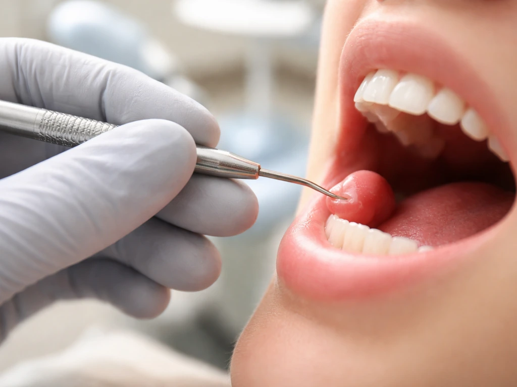 Gloved dentist hand with a small instrument near a swollen gum area to relieve pressure