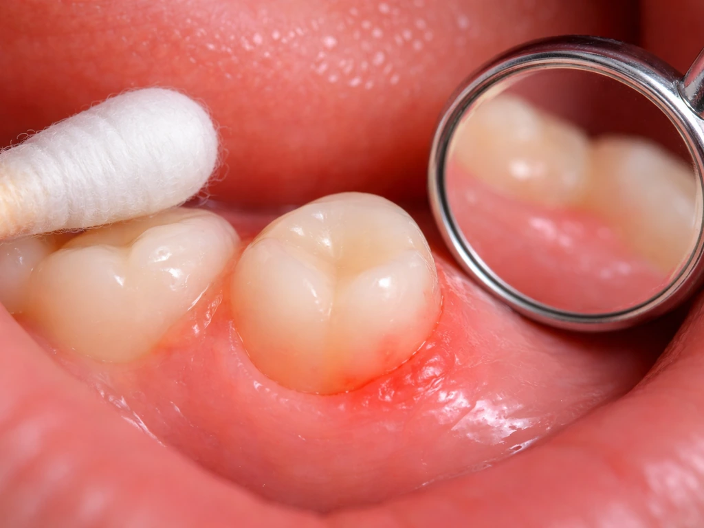 Close-up of gum with a tooth emerging and mild redness from eruption pressure.