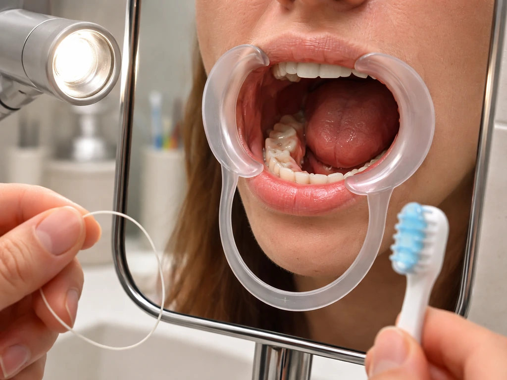 Mirror-side exam setup with dental light and instruments near a wisdom tooth area.
