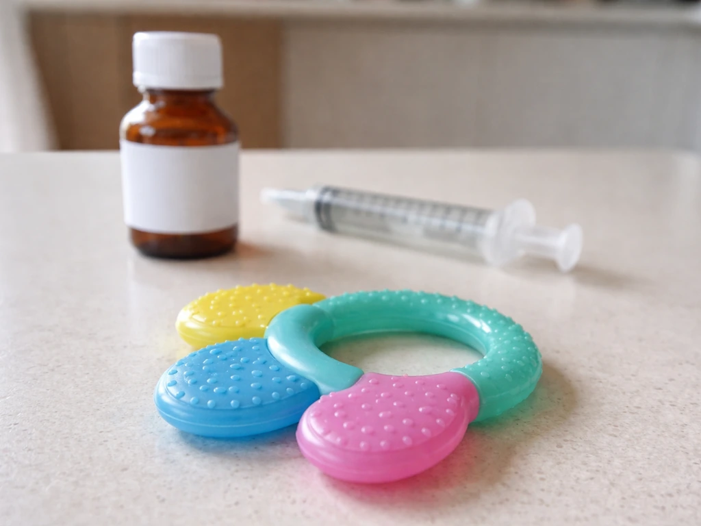 Safe teething ring highlighted beside an OTC applicator kept out of reach.