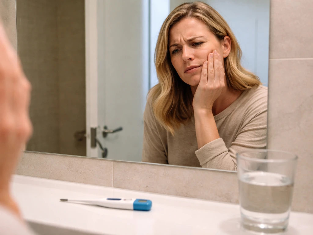 Adult holding jaw pain with thermometer and water on counter near mirror.