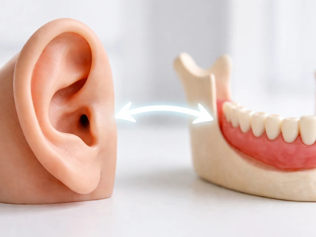 Ear model beside jaw/teeth model with light arrows suggesting people confuse ear pain with jaw pain.