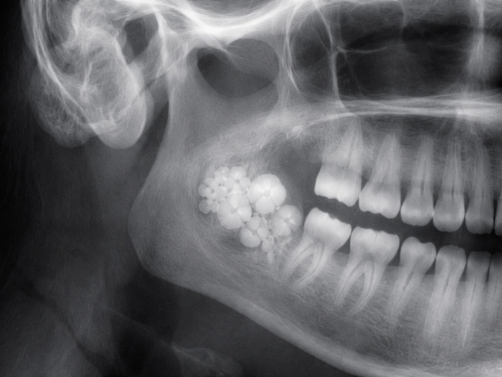 Radiograph-like view of a tooth-like odontoma mass near the ear/jaw area