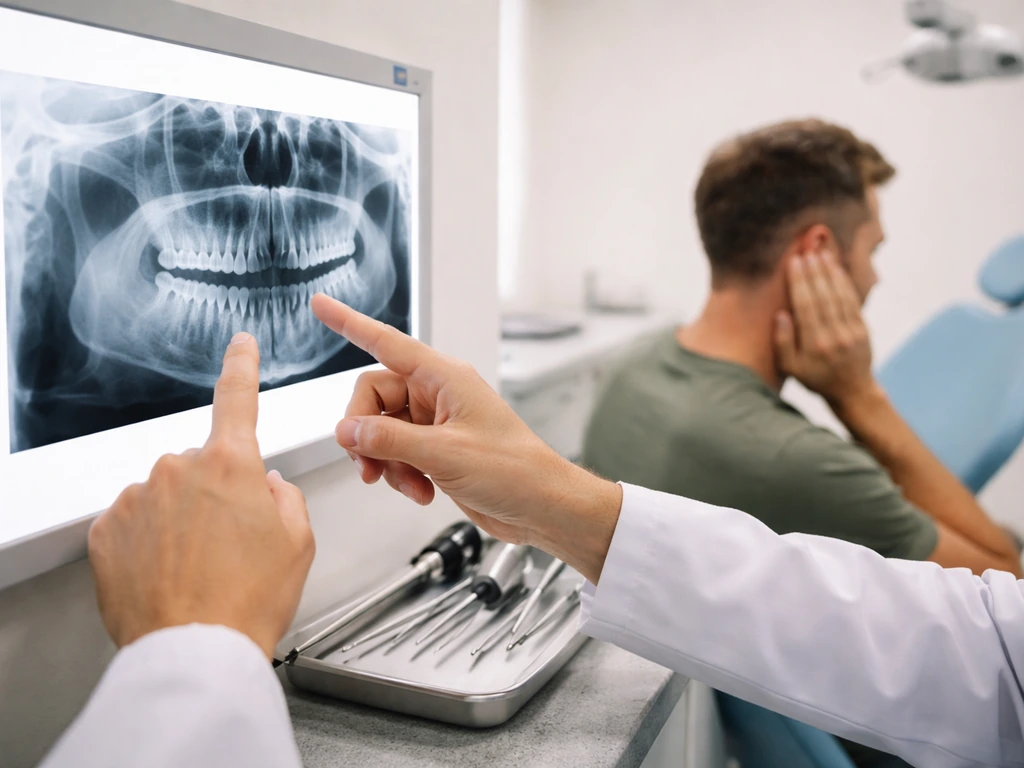 Clinician reviews a panoramic dental X-ray by a lightbox while assessing an adult ear-area complaint in a quiet clinic.