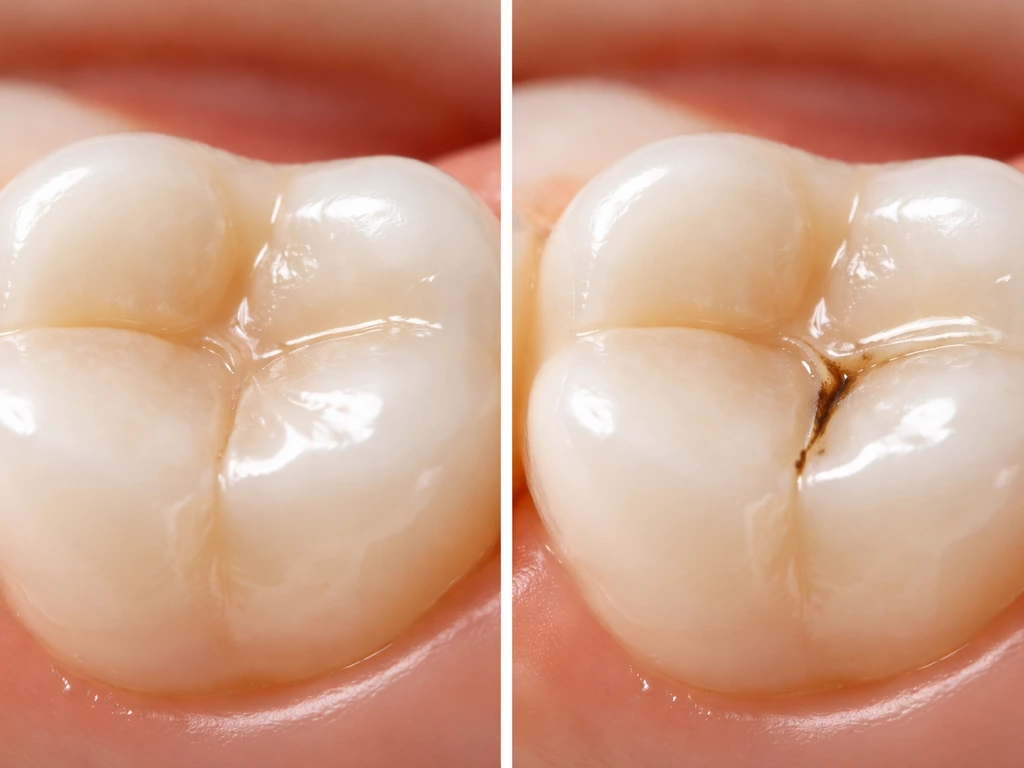 Close-up side-by-side of a sealed filling margin vs a filling edge with a small gap and early decay.