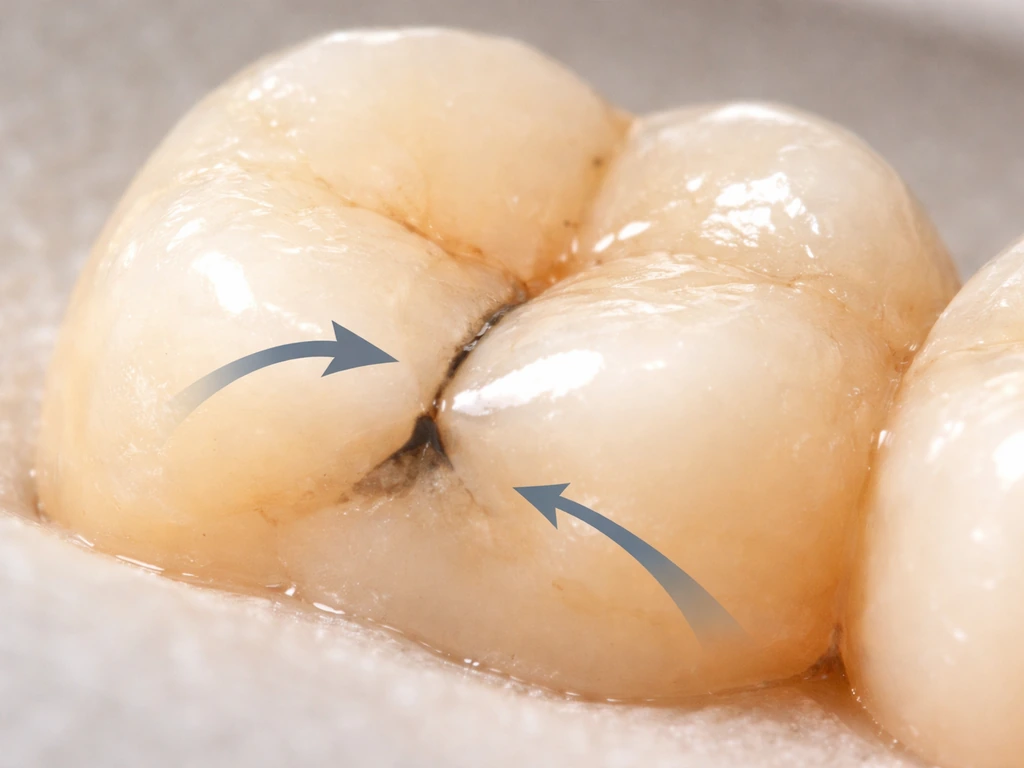 Macro view of a tooth filling margin with a tiny gap and subtle seepage beneath the restoration edge.