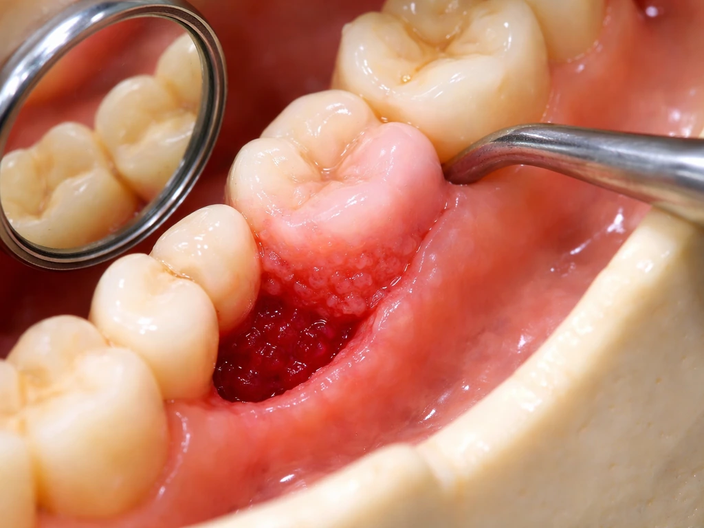 Extraction site healing with blood clot progressing to new gum tissue