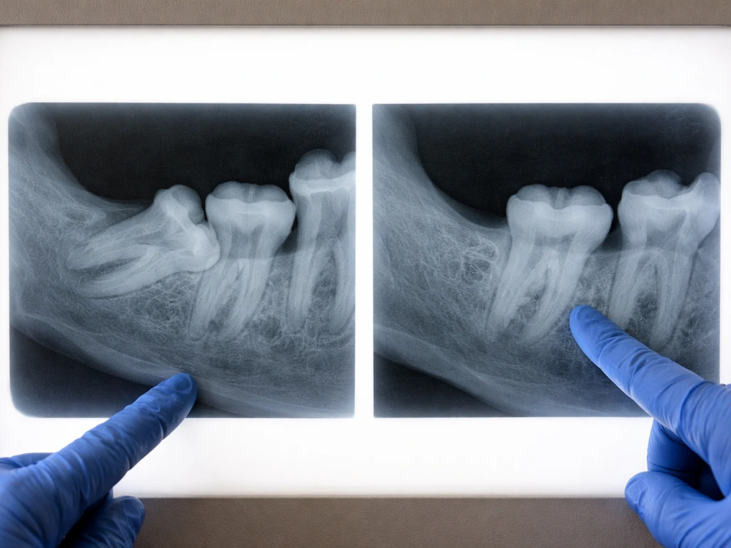 Impacted wisdom tooth position compared to an erupting tooth later
