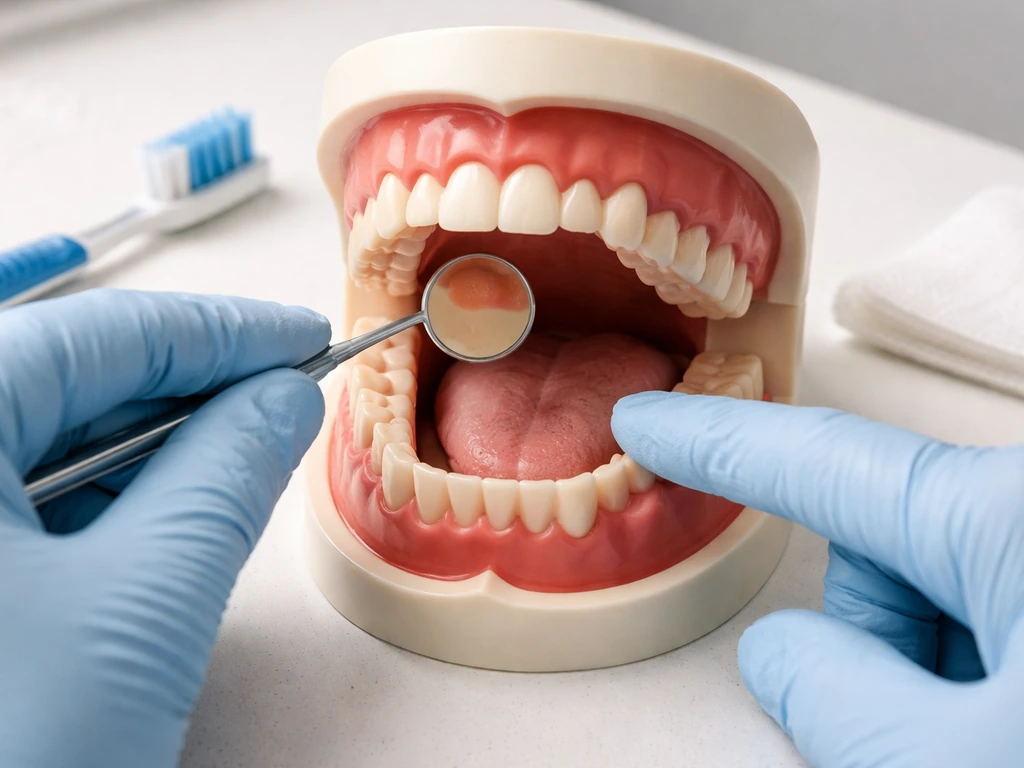 Symptoms check: gum bump/pressure area and discomfort location with a dental mirror