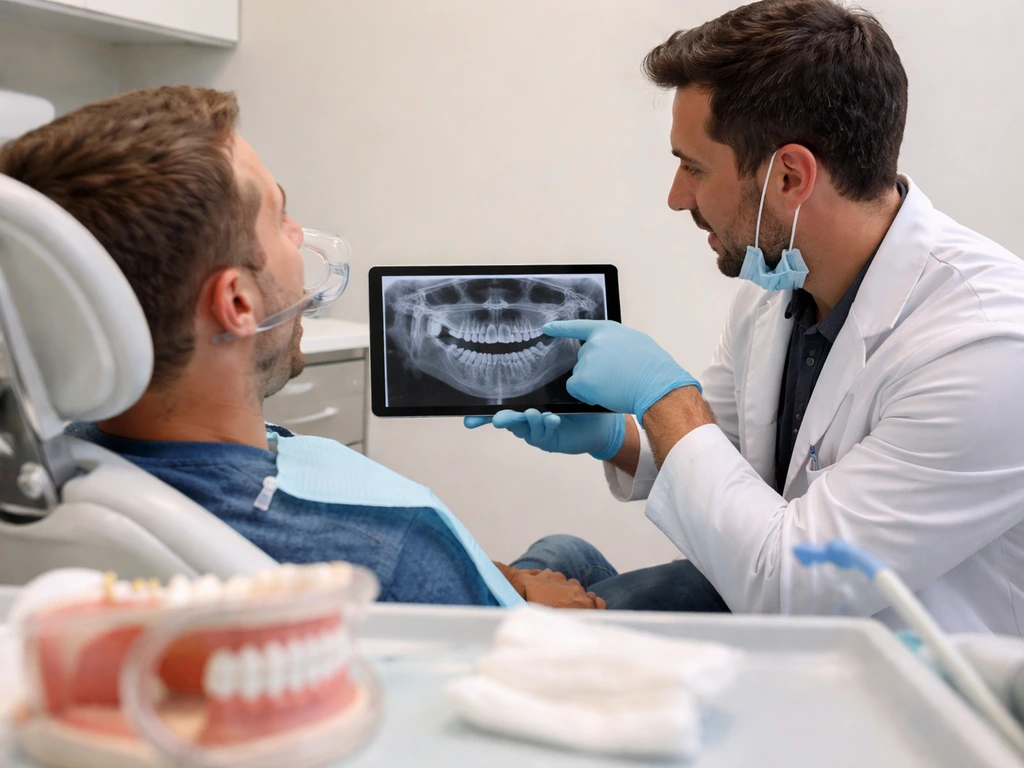 Oral surgeon consult: review imaging and plan next steps on a chairside exam