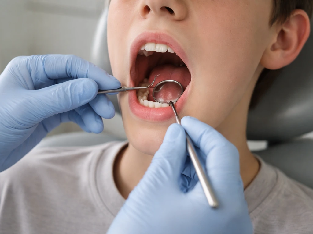 Minimal dental scene showing a young person’s mouth with wisdom teeth area highlighted as possible later eruption.