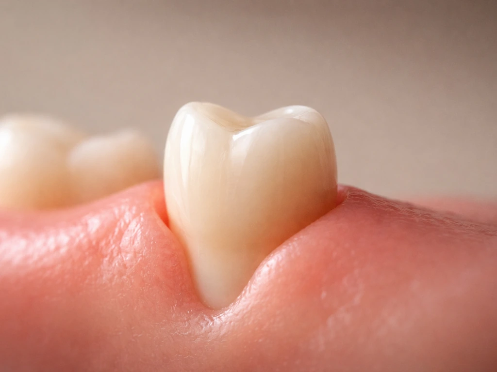 Close-up view of a tooth emerging from a simplified jaw-like surface, showing eruption vs lengthening.