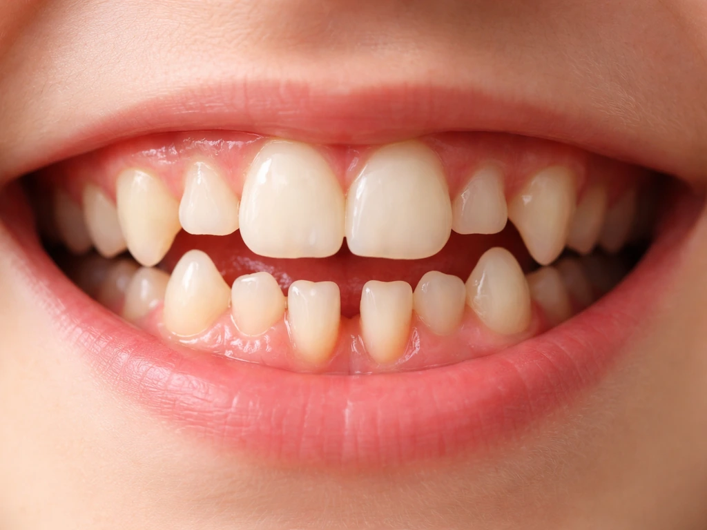 Front-of-mouth view showing primary incisors being replaced by emerging permanent incisors.